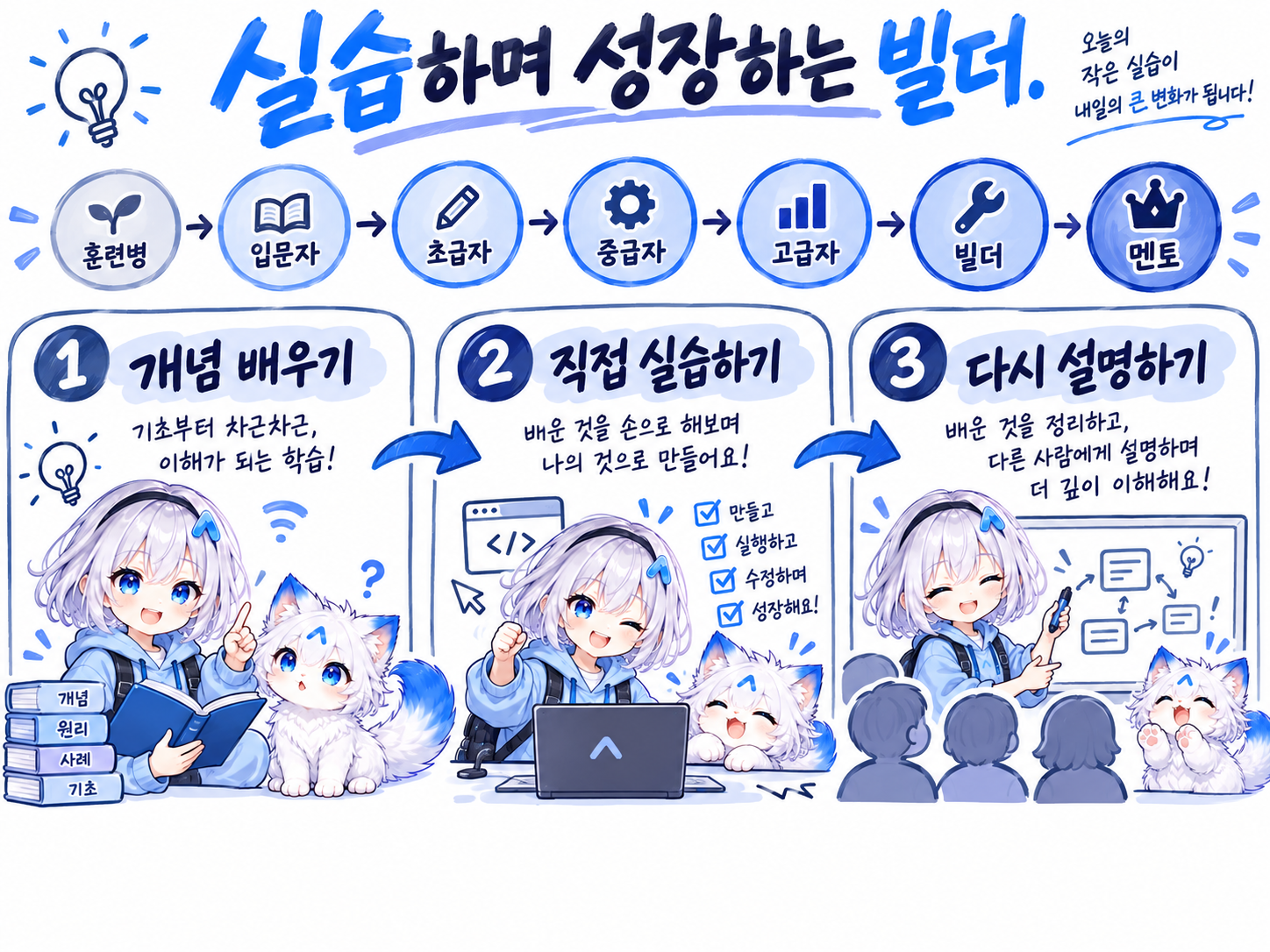 각 단계의 실습과 배틀 경험치로 성장합니다. 모든 실습은 지금 열 수 있어요.